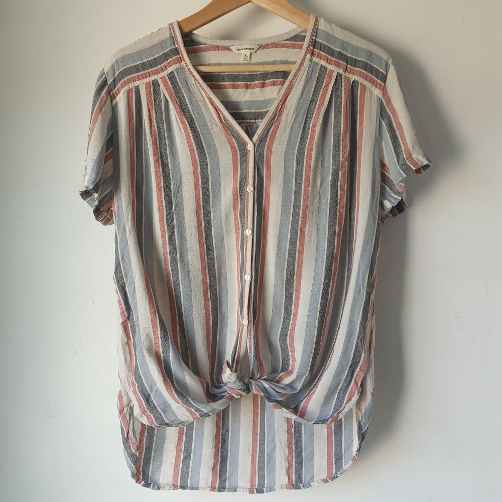 Max Studio L Striped Button Front Tie Knot Top